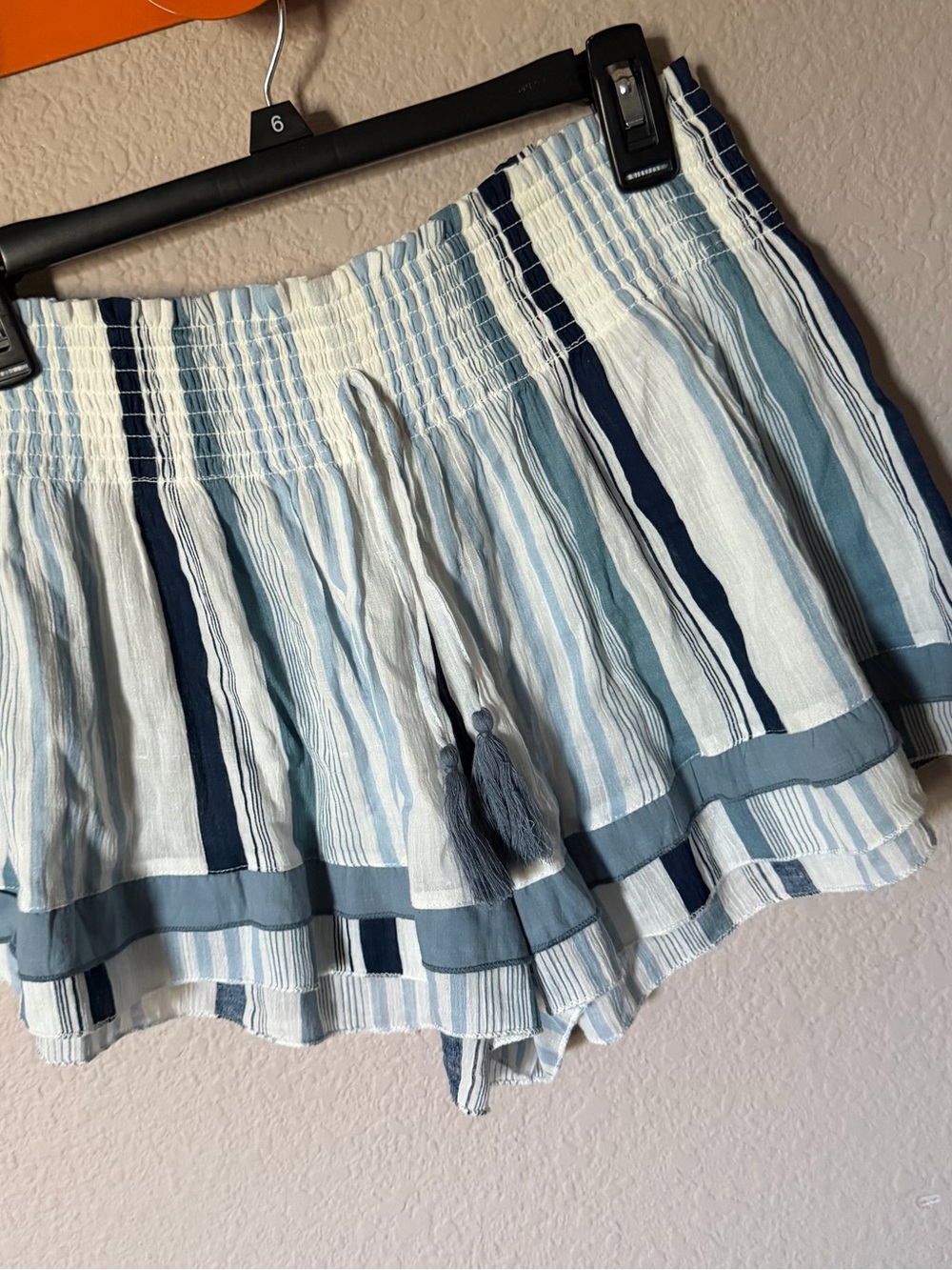POOF Women Juniors L Flowy Shorts Blue Vertical Stripes Tassels Elastic Waist